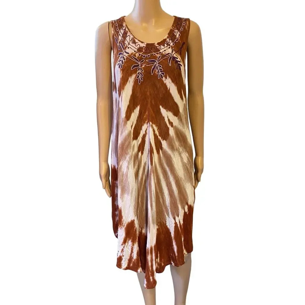 Pams Muumuu Brown Tie Dye Embroidery BOHO Midi Dress FreeSize Cottagecore Casual